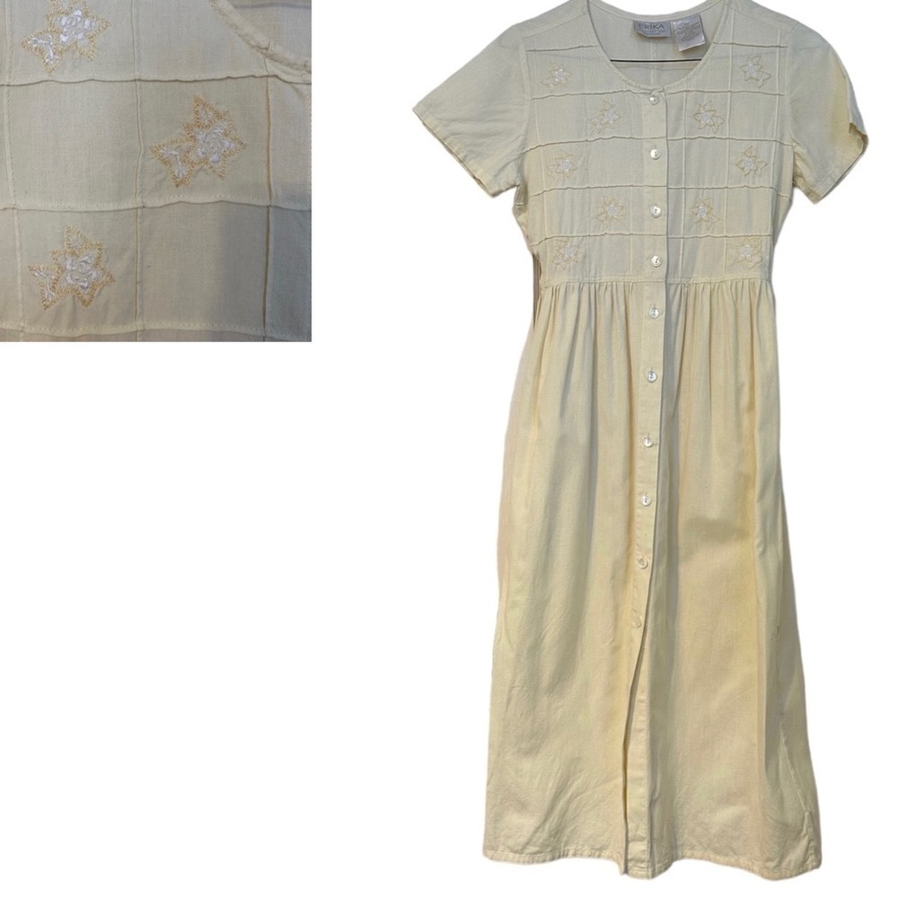 Vtg. Erika Dress Pastel Yellow Linen Embroidered Cottagecore Scoop Neck Size PS